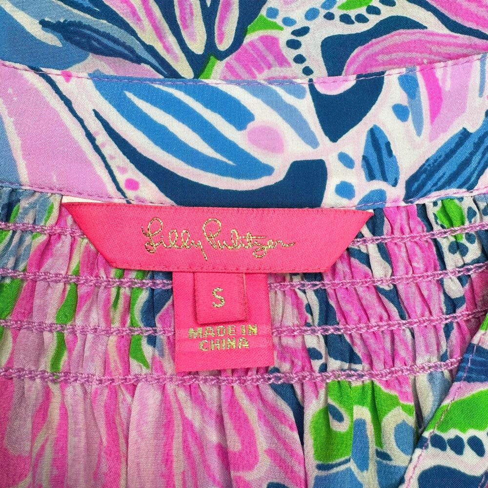 Lilly Pulitzer Elsa Silk Long Sleeve Top Gecko Green Tiger Sunrise Size Small - Picture 11 of 14